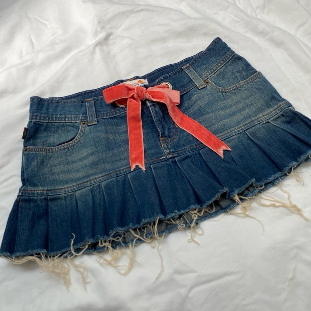 Hollister Denim Pleated Mini Skirt with Pink Velvet Bow